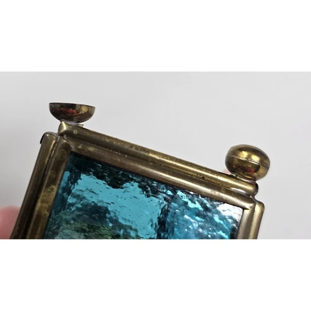 Vtg Brass & Etched Blue Glass Jewelry Trinket Box Footed Mirrored Made In Mexico